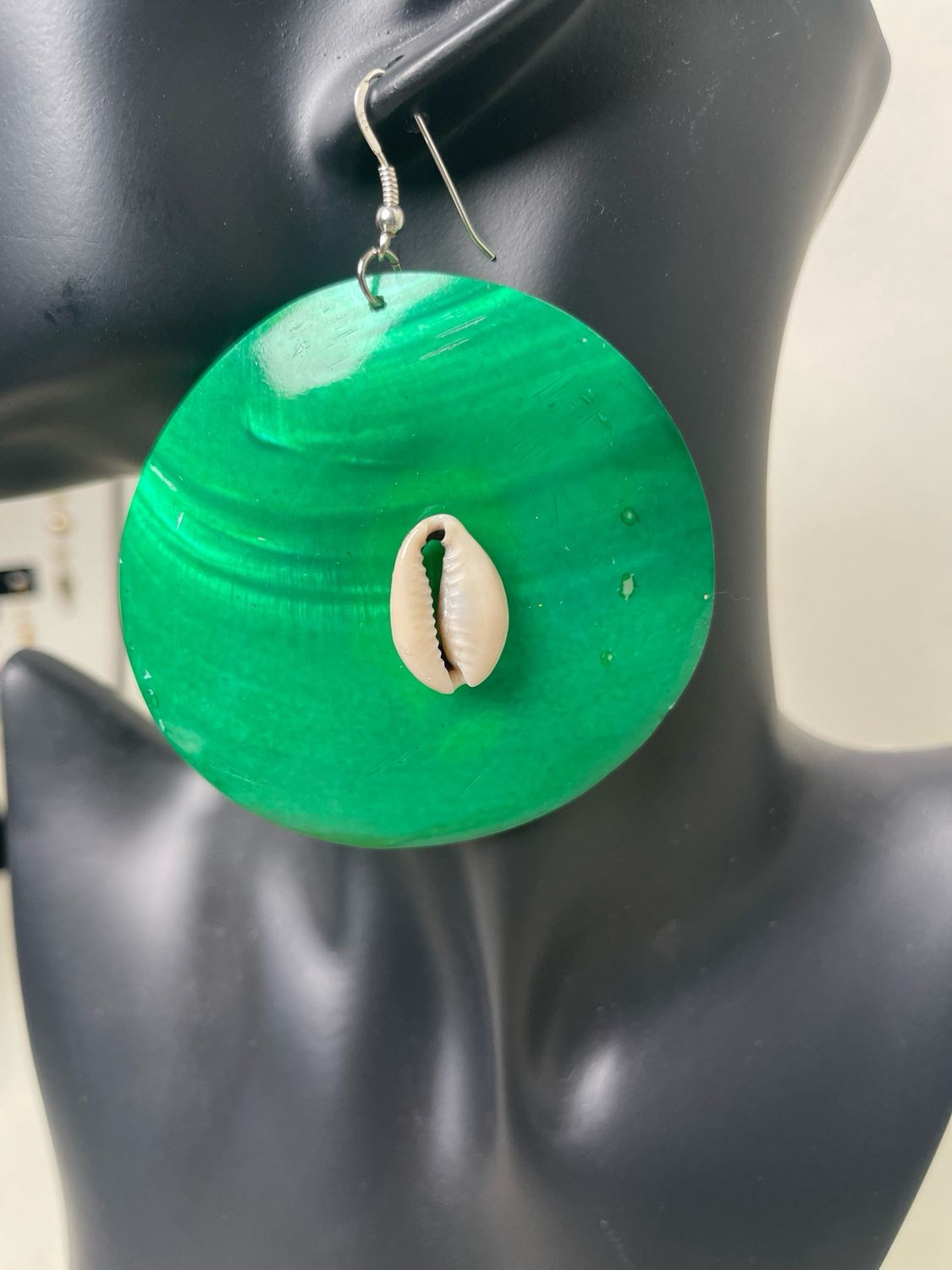 Earrings, Green Colored She’ll, With Cowrie Shell