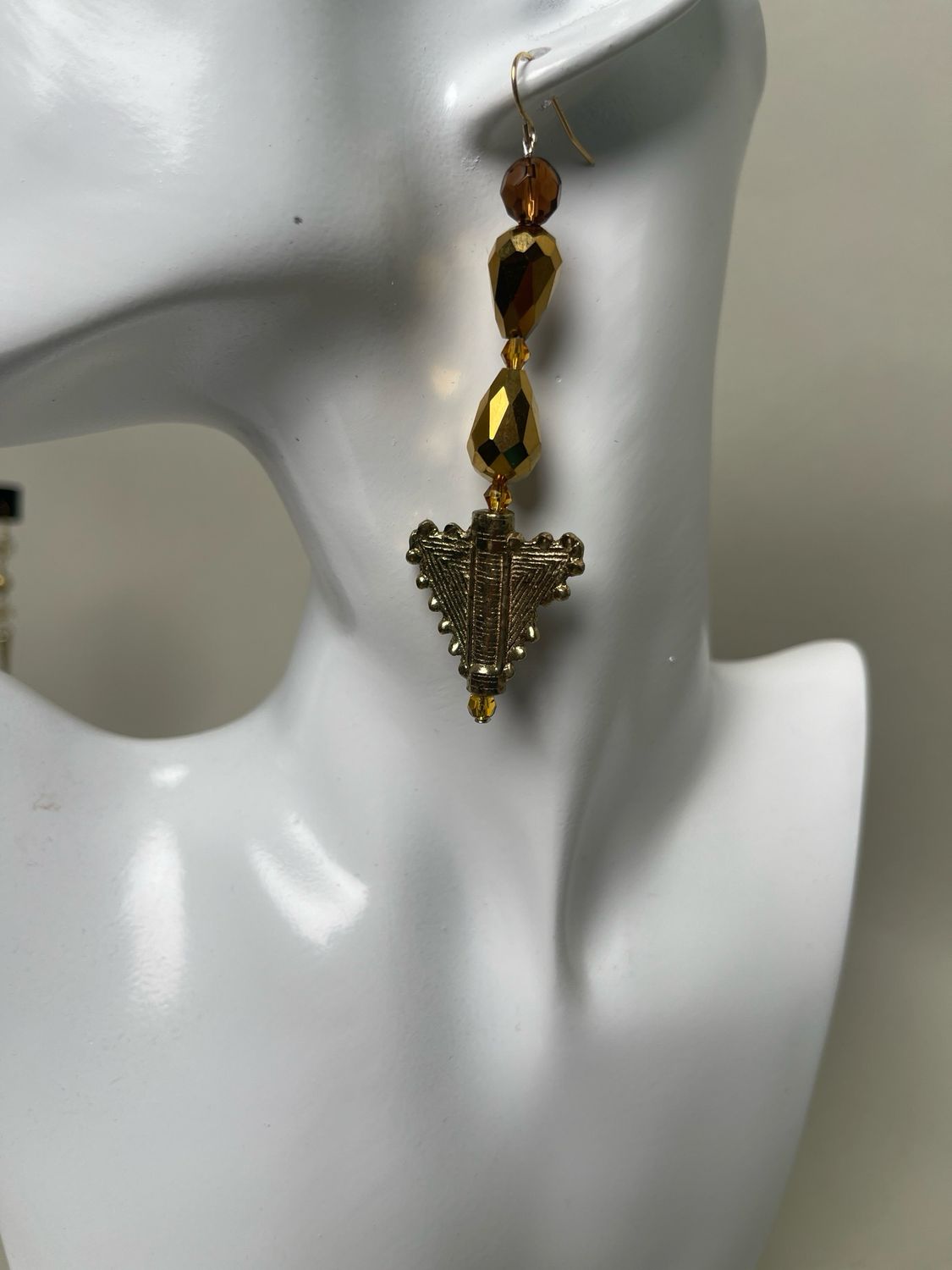 Earrings- African Brass Beads, Topaz, Gold Colored Beads.