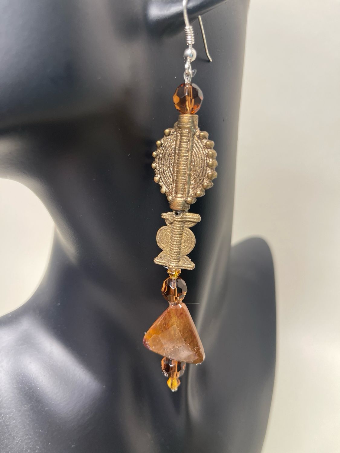 Earrings- Jasper, African Brass Beads, Topaz.