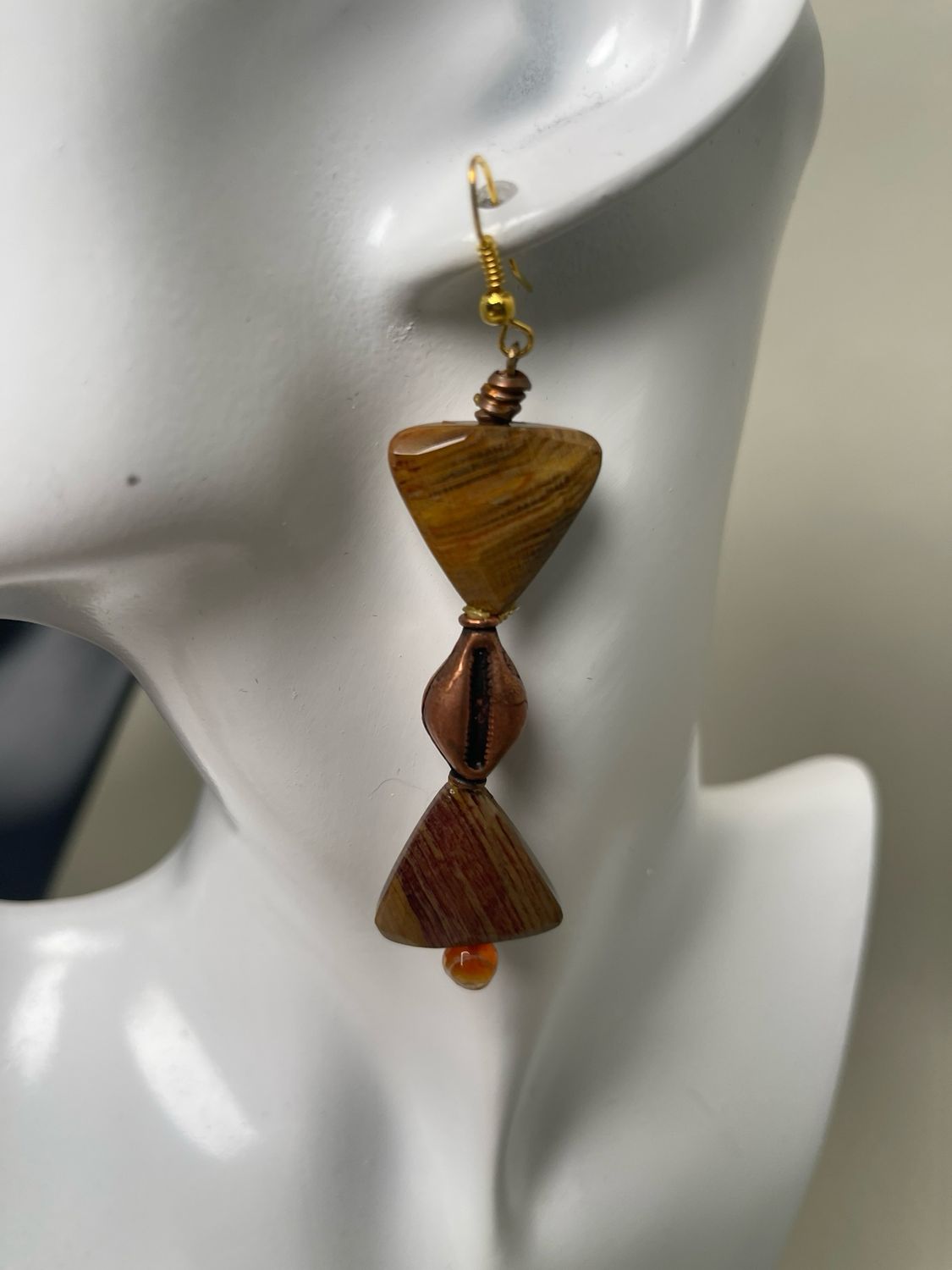 Earrings- Tiger Eye, Brass Cowrie Shell.