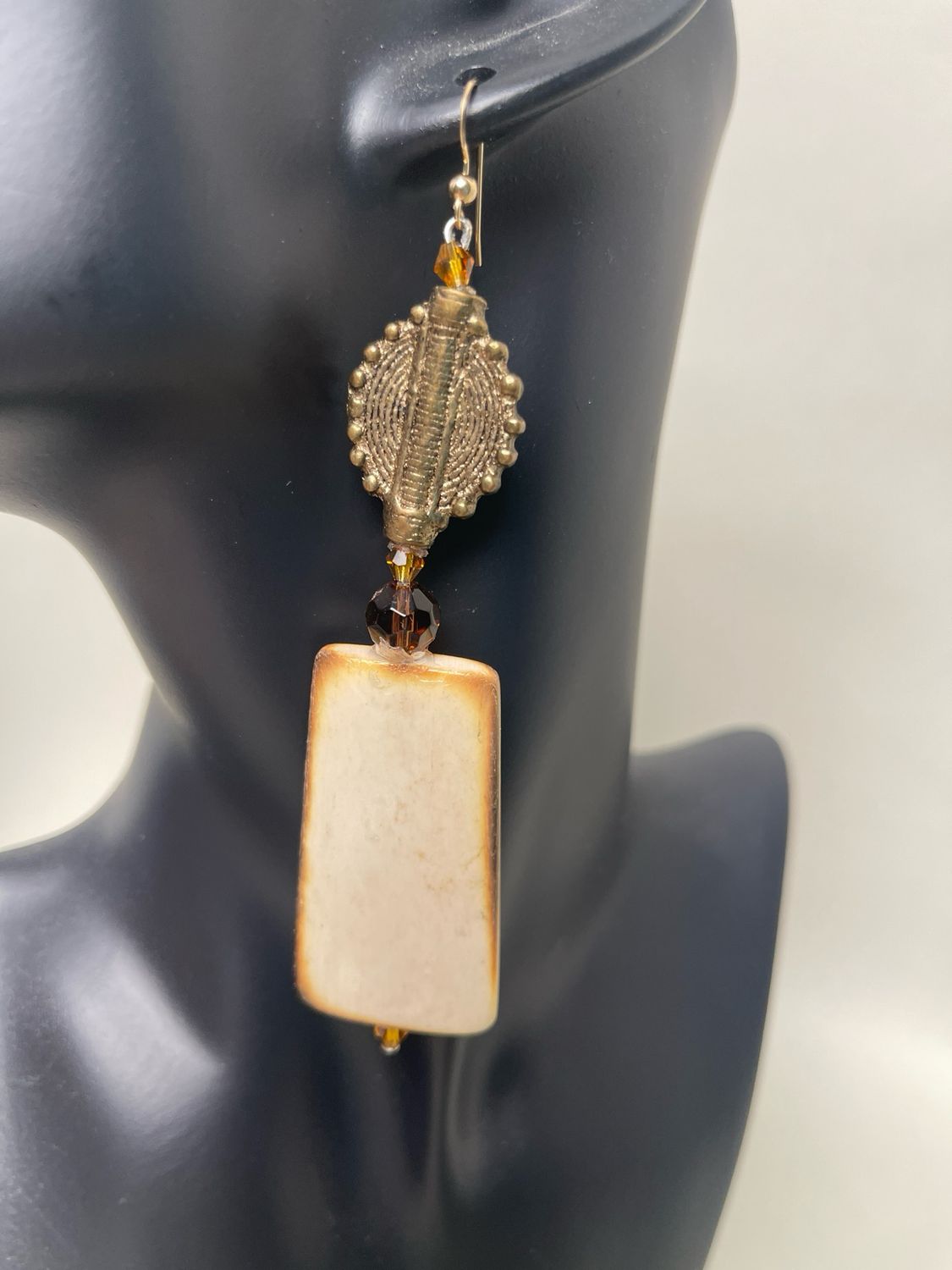 Earrings- African Brass Beads, Topaz, Shell
