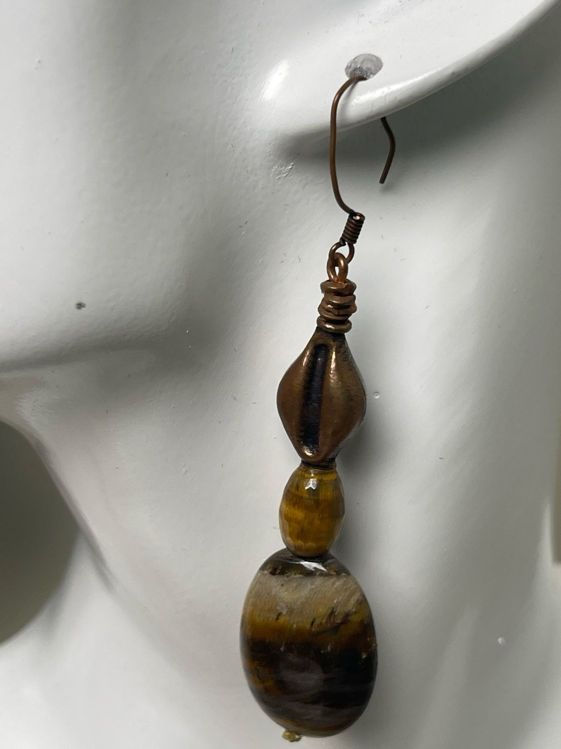 Earrings- Tiger Eye, Brass Cowrie Shell.