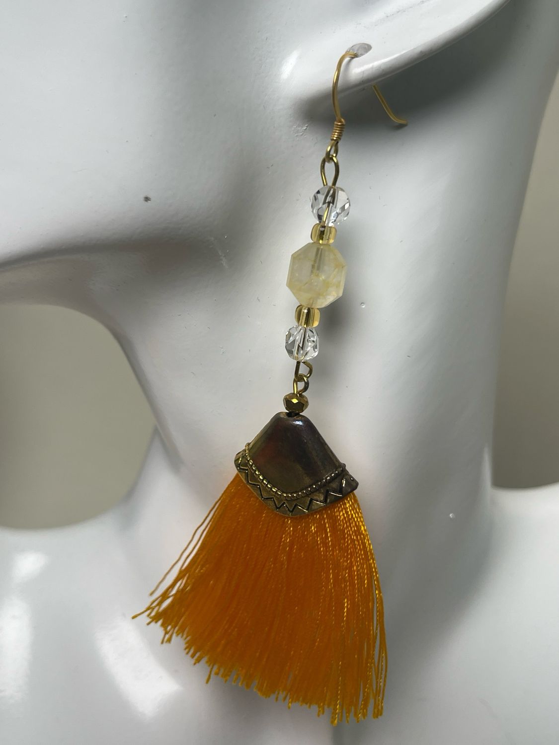 Earrings- Citrine, Crystal, brass, with orange fringe