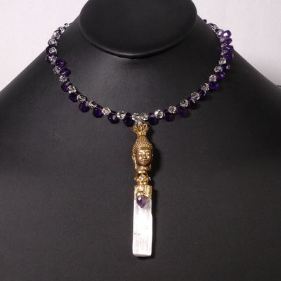 Enchanted Buddha Selenite Pendant Necklace with Clear and Smokey Quartz