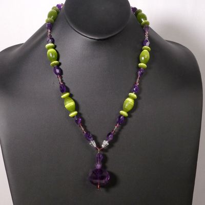 Amethyst Pendant Green Cat&#39;s Eye and Clear Quartz Beaded Necklace