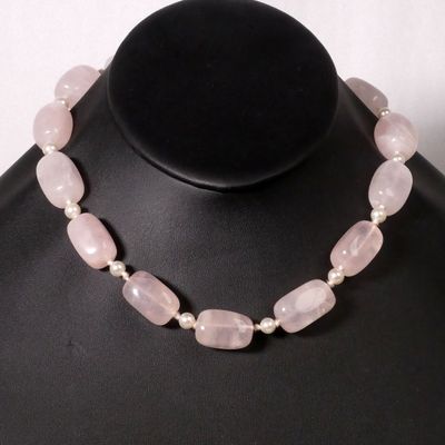 Large Rose Quartz Beads and Pearls Necklace