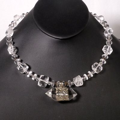 Clear Quartz Necklace with Metal and Obsidian Pendant