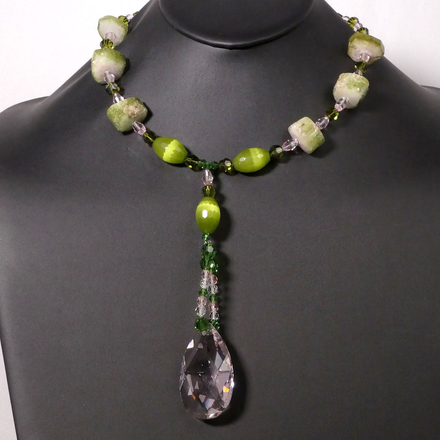 Green Tourmaline, Green Cat&#39;s Eye Necklace with Rose Quartz Pendant