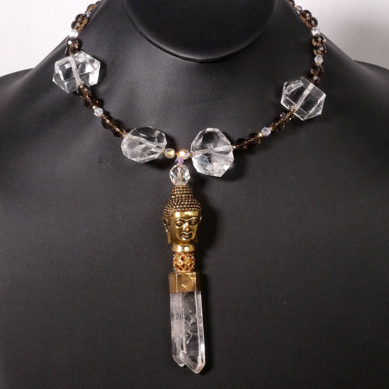 Brass Buddha Pendant Necklace With Smokey Quartz and Clear Quartz