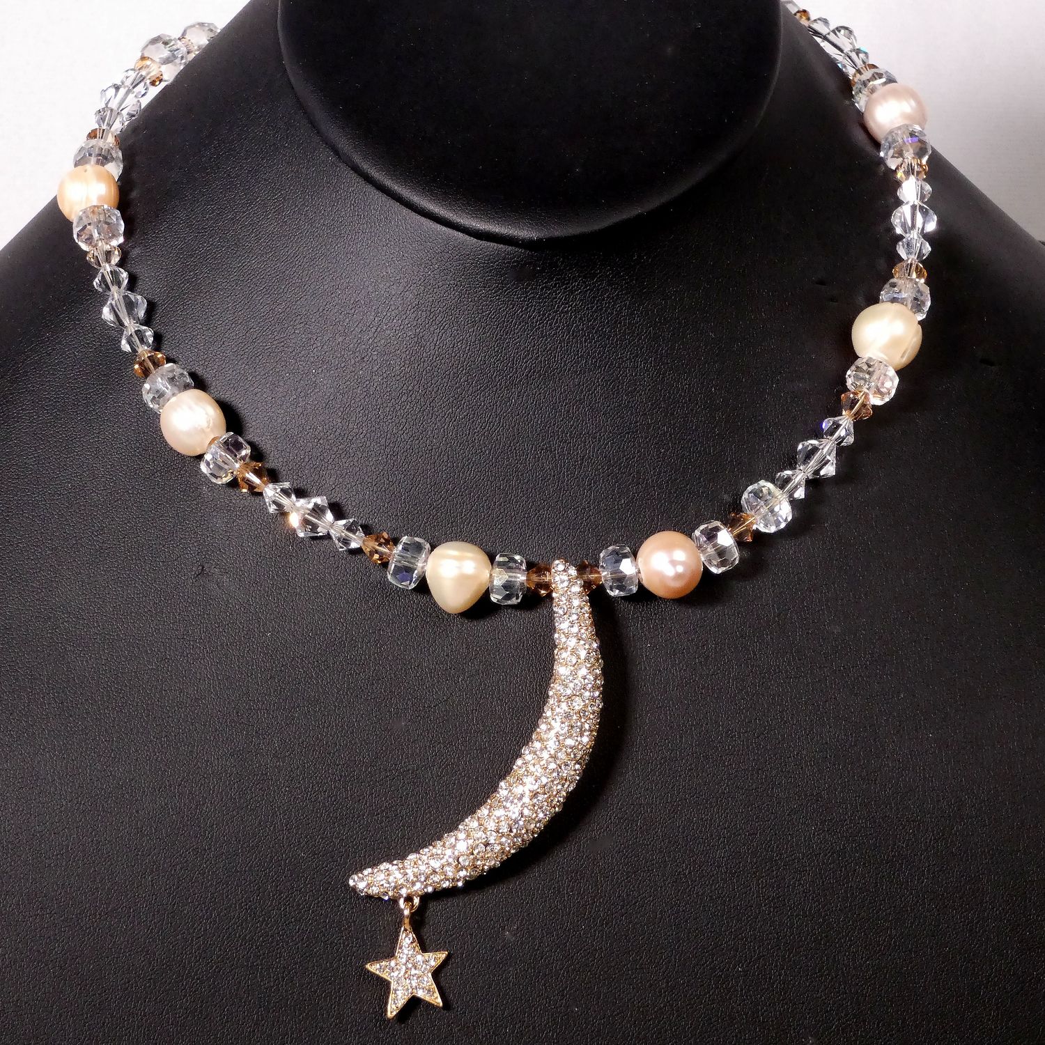 Clear Quartz, Saltwater Pearl, Topaz with Brass Half-Moon and Swarovski Pendant Necklace