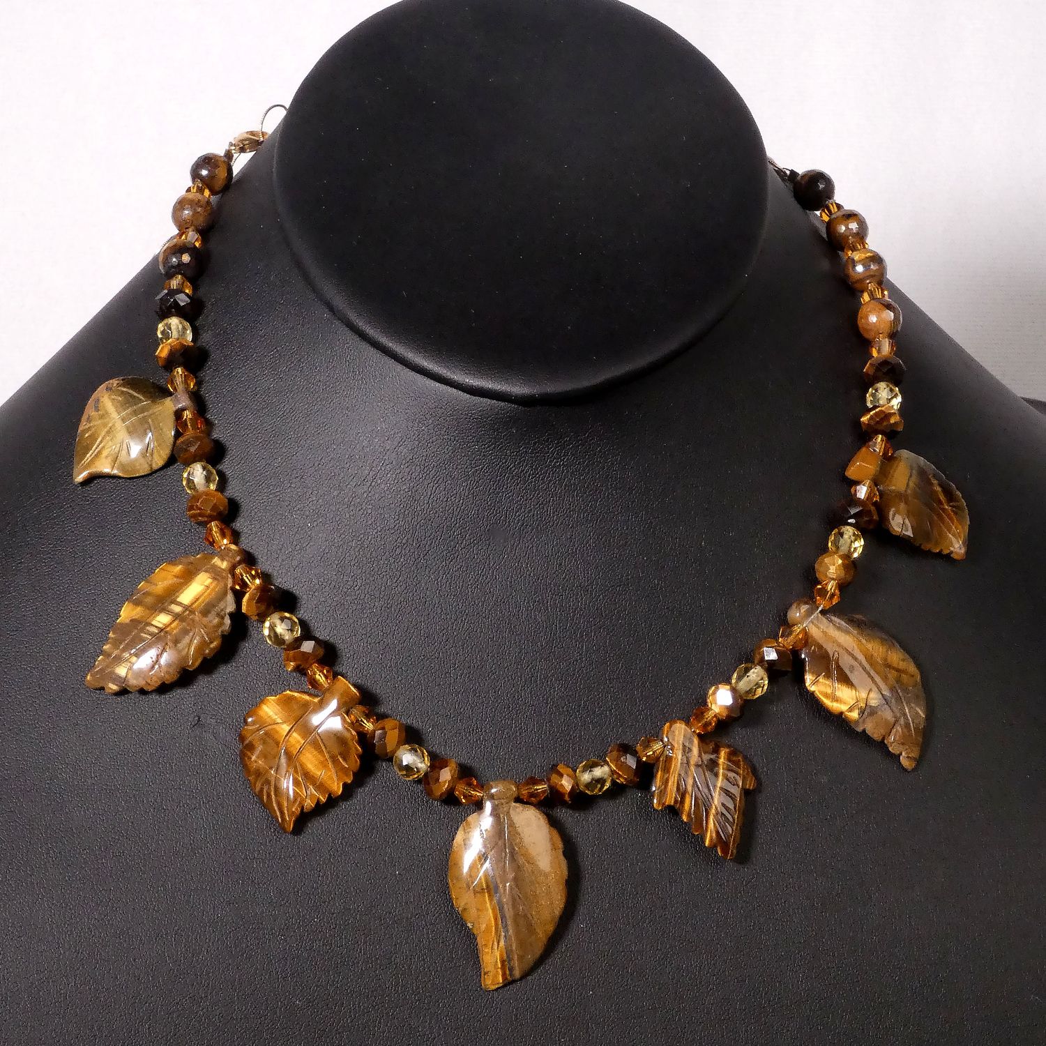 Tiger Eye Leaves, Topaz Beads and Clear Quartz Necklace