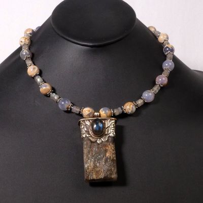 Raw Labradorite Silver Pendant Necklace Blue Chalcedony, Silver Beads