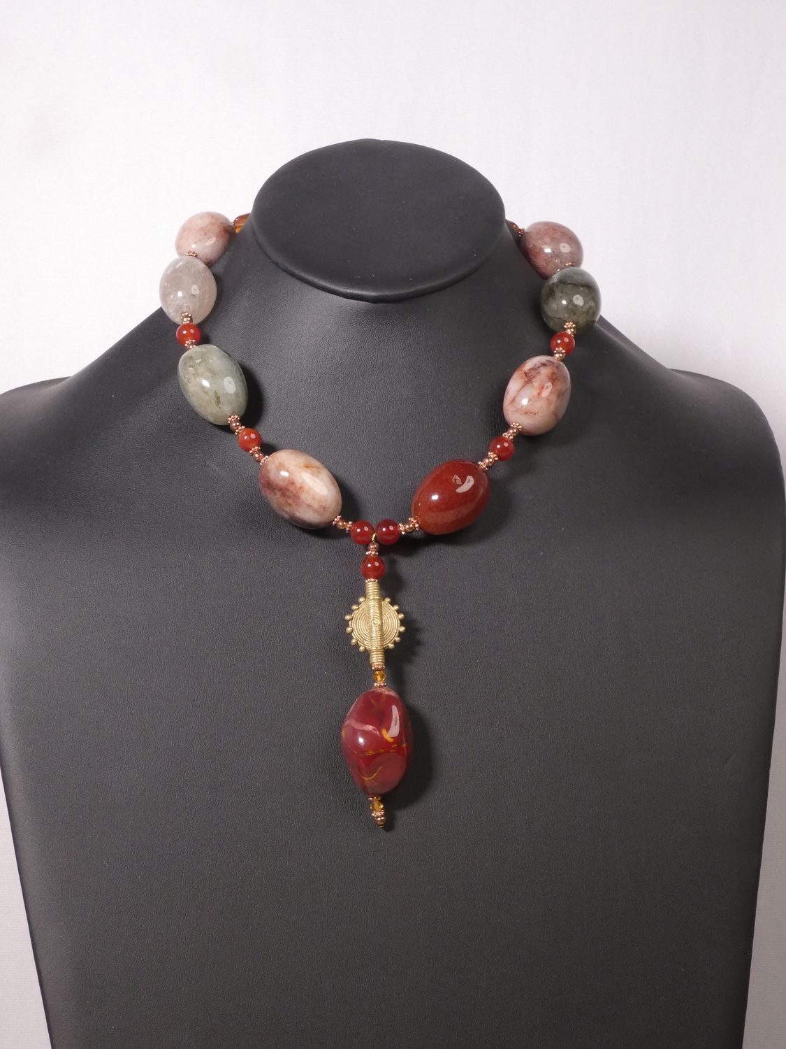 Mookaite Jasper Pendant Necklace with African Brass, Green Vein Jasper, Prehnite, Agate &amp; Carnelian Beads
