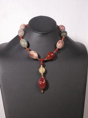 Mookaite Jasper Pendant Necklace with African Brass, Green Vein Jasper, Prehnite, Agate &amp; Carnelian Beads