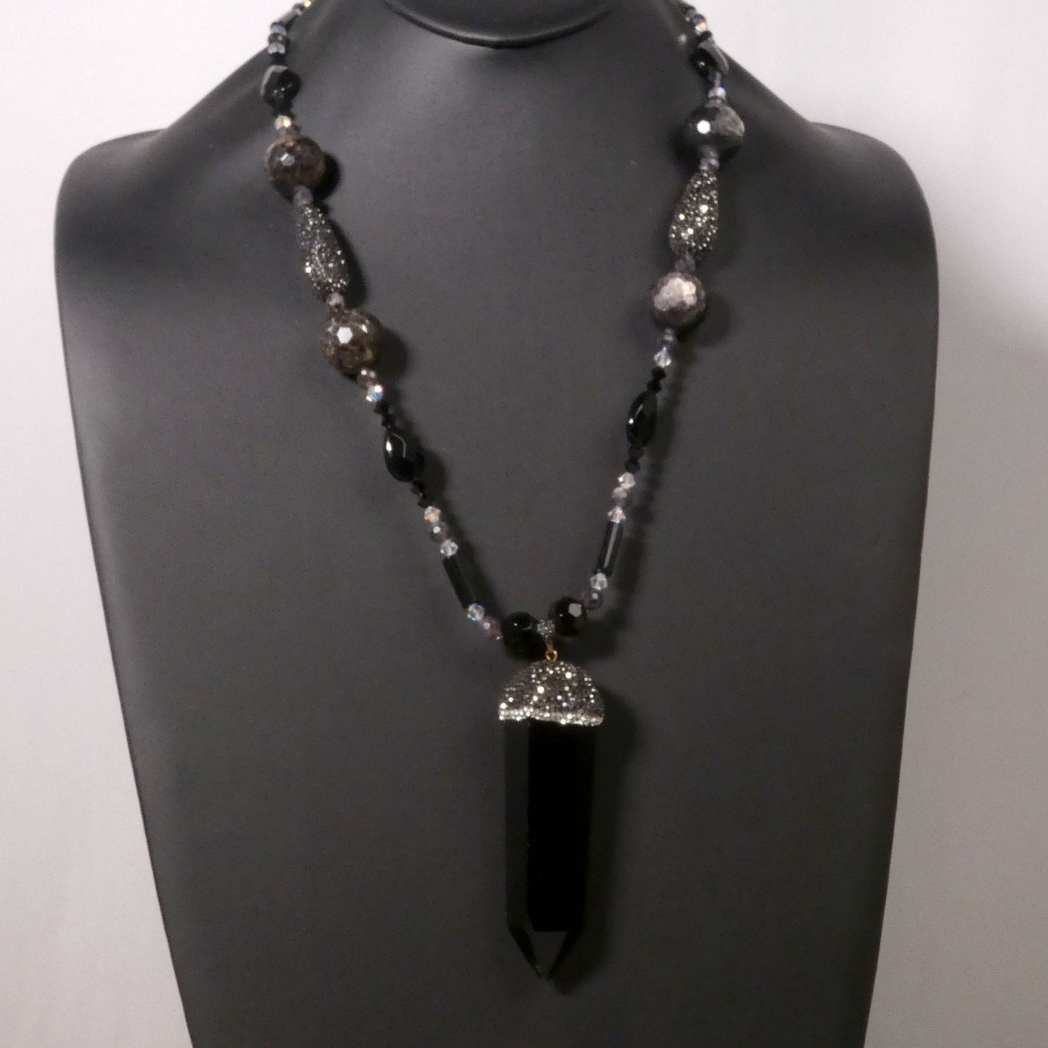 Black Onyx Pendant Necklace, Turritella Agate, Swarovski Crystal, Agate Beads