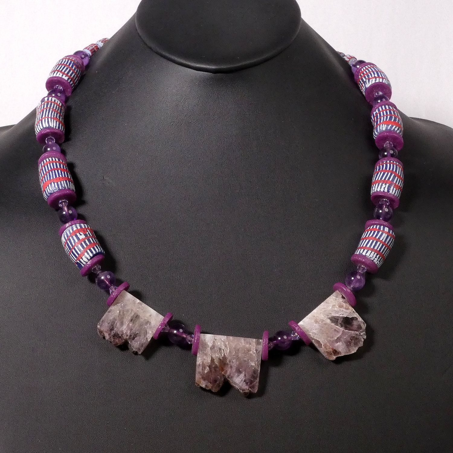 Raw Amethyst and Purple African Bead Necklace