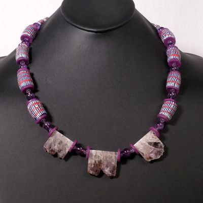 Raw Amethyst and Purple African Bead Necklace