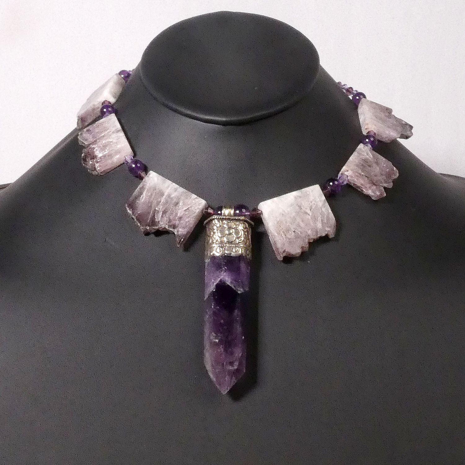 Large Amethyst Pendant Necklace with Raw Amethyst Beads