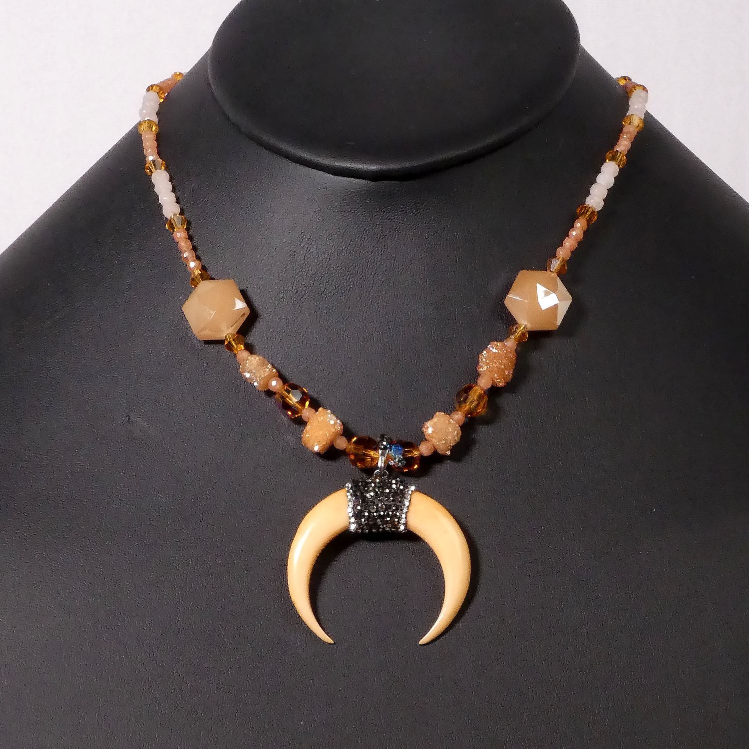 Horn and Crystal Pendant Necklace Citrine, Topaz &amp; Agate Beads