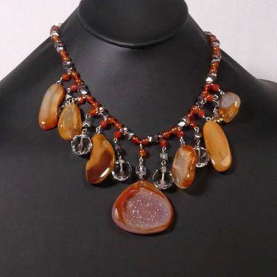 Carnelian Pendant Necklace, Carnelian and Clear Quartz Beads