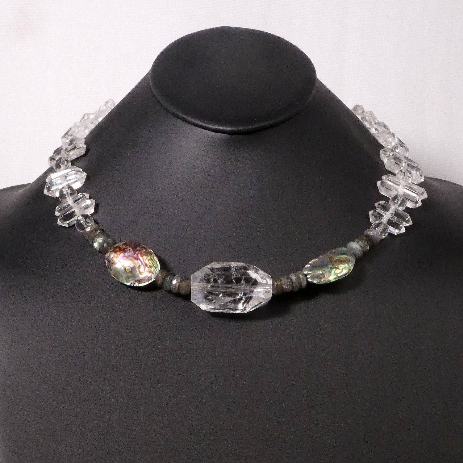 Large Clear Quartz, Labradorite and Abalone Shell Necklace