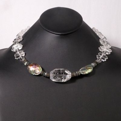 Large Clear Quartz, Labradorite and Abalone Shell Necklace