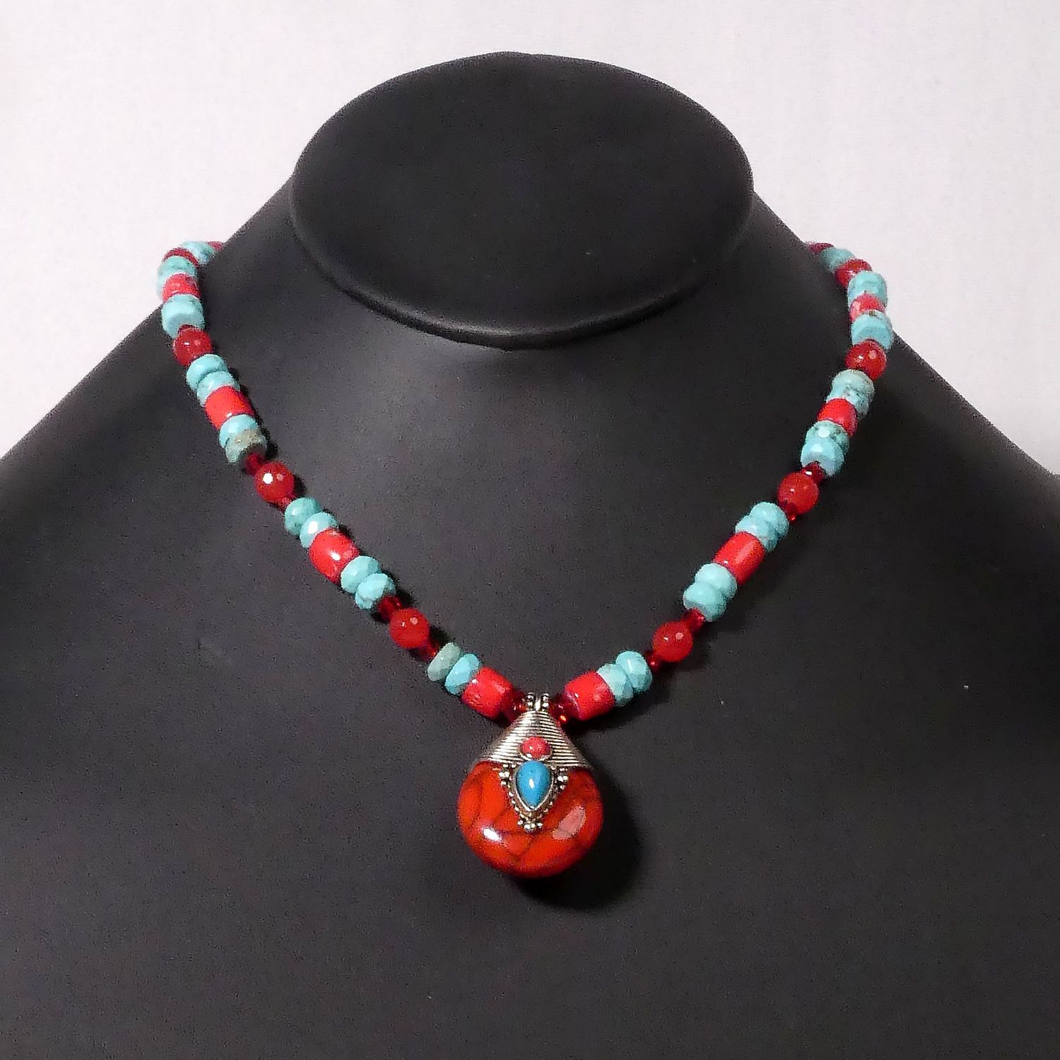 Red Jasper Pendant, Red Coral, Swarovski Crystal, Turquenite Beads Necklace