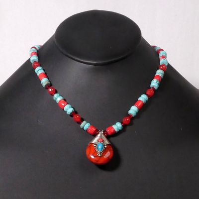 Red Jasper Pendant, Red Coral, Swarovski Crystal, Turquenite Beads Necklace