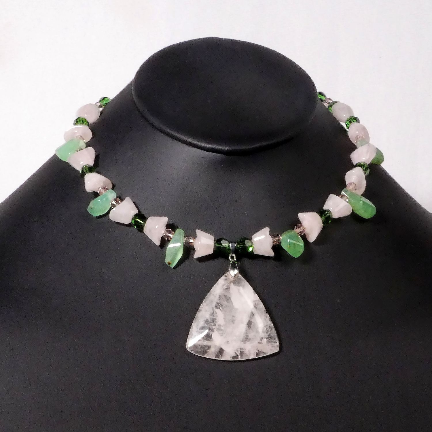 Rose Quartz Pendant Necklace Green Chalcedony Rose Quartz Beads