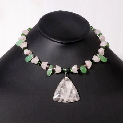 Rose Quartz Pendant Necklace Green Chalcedony Rose Quartz Beads
