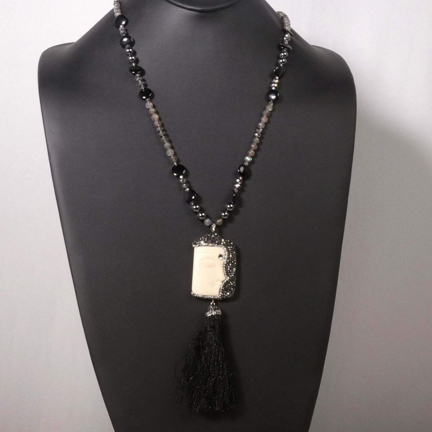 Opal Buddha &amp; Swarovski Crystal Pendant, Black Onyx, Labradorite, Hematite Beads