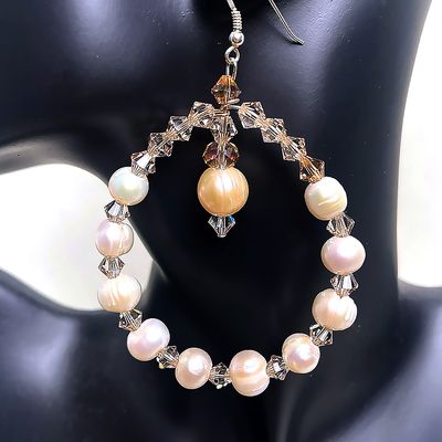 Earring- Pearls, Champagne Swarovski Crystals