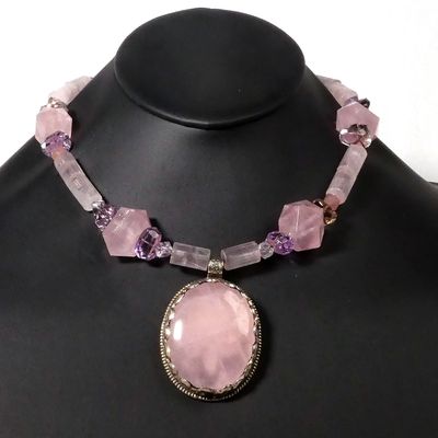 Large Rose Quartz Silver Pendant Necklace, Amethyst &amp; Rose Quartz Beads