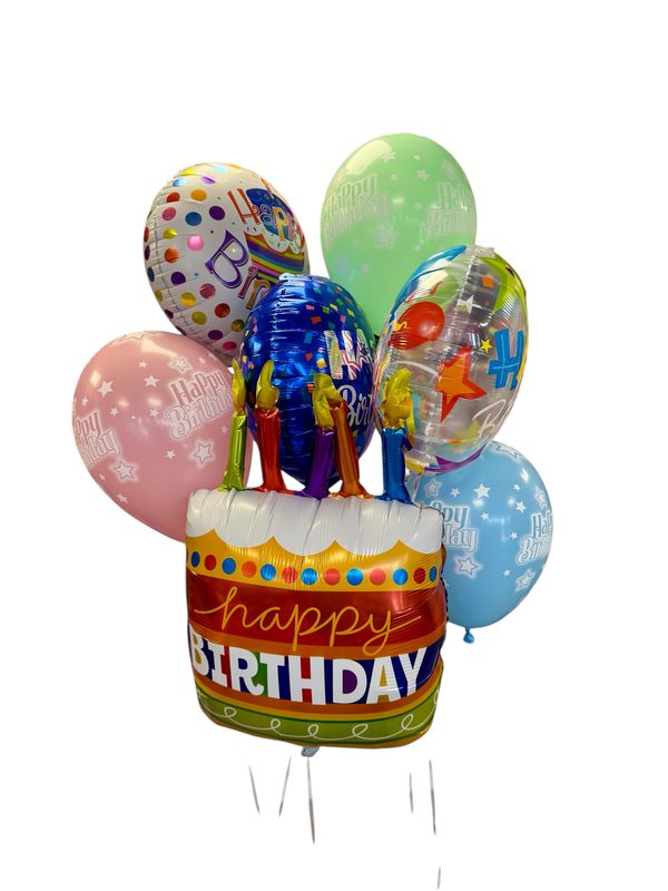 Birthday Cake Balloon with 3 round foil birthday balloon and 3 latex with happy birthday writing on them.