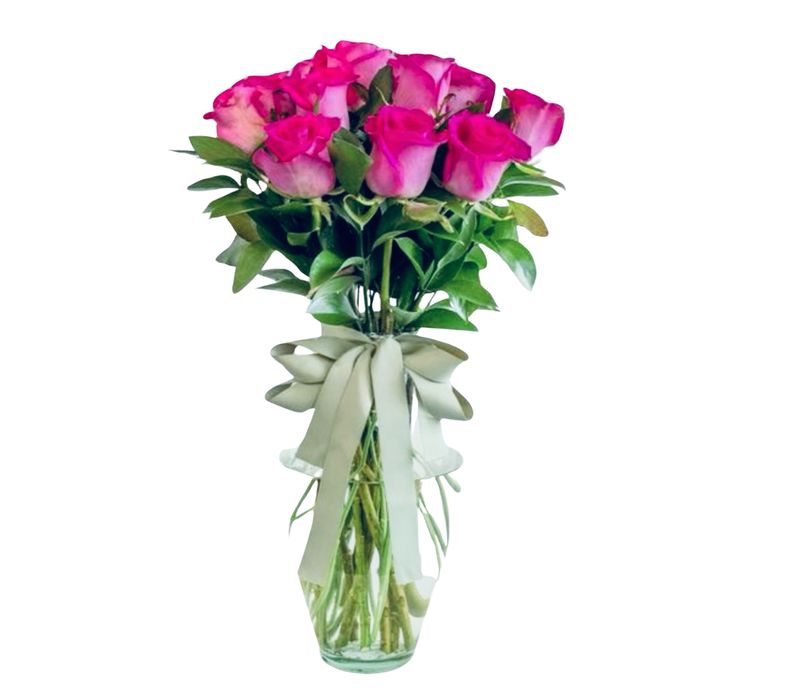 1 Dozen Pink Roses in a vase.