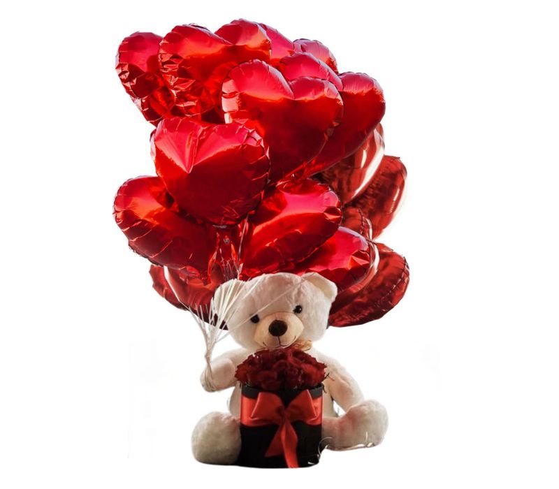 Teddy Bear and 1 Dozen Red Roses, 1 Dozen Red Heart Balloons
