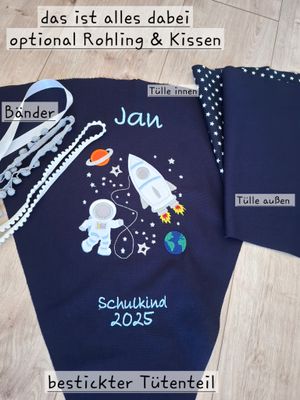 DIY Schultüte Weltraum selber nähen mit besticktem Stoff & Wunschname