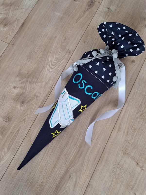 Spaceshuttle Geschwister- Kindergartentüte 35cm Schrift türkis