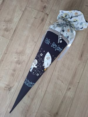 Schultüte aus Stoff "Weltraum & Rakete" – Navy/Hellblau – 70cm