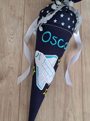 Schultüte aus Stoff "Weltraum & Shuttle" – Navy/Türkis – 35 cm