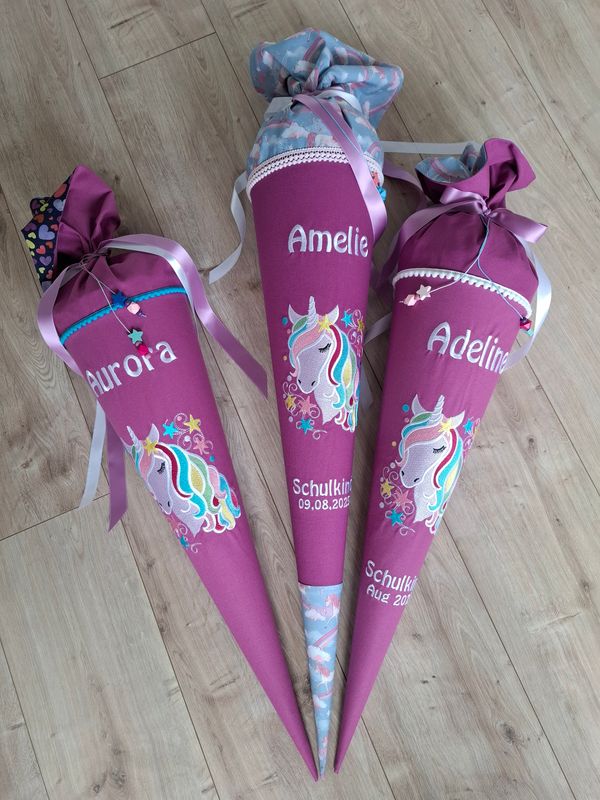 Schultüte aus Stoff "Einhornkopf" – Beere – 70cm