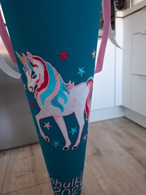 Schultüte aus Stoff "Einhorn" – Petrol/Rosa – 70cm