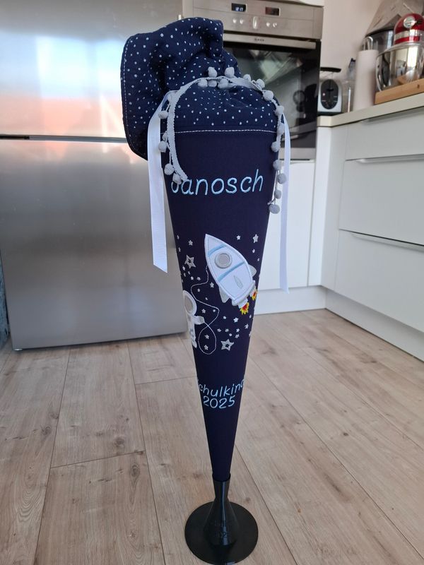Schultüte aus Stoff Schultüte aus Stoff "Weltraum & Rakete" – Navy/Musselin – 70cm