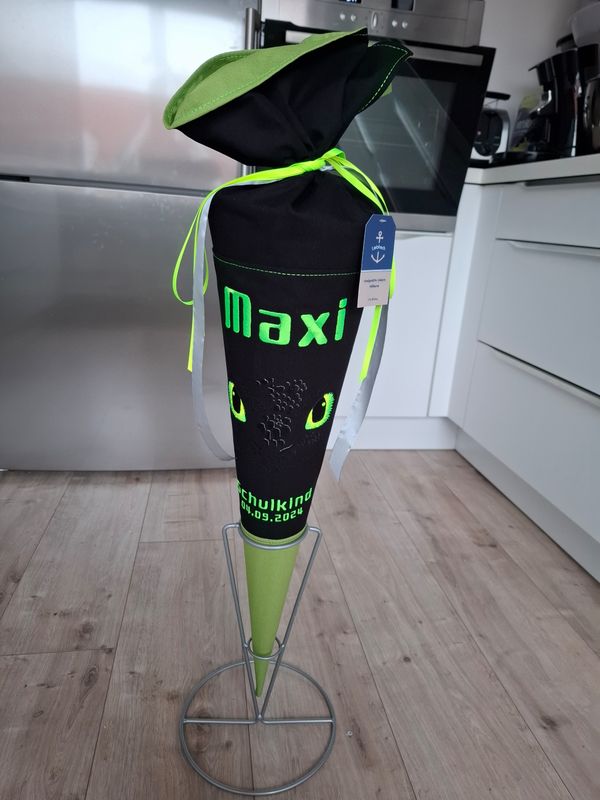 Schultüte aus Stoff Drachenaugen – Schwarz/Lime – 70cm