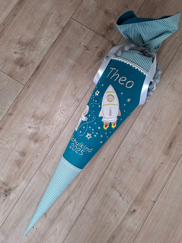 Schultüte aus Stoff "Weltraum & Rakete" – Türkis/Beige – 70cm