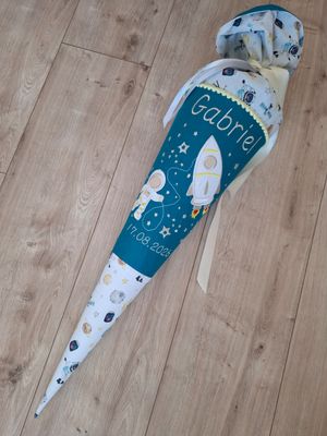 Schultüte aus Stoff "Weltraum & Rakete" – Türkis/Gelb – 70cm