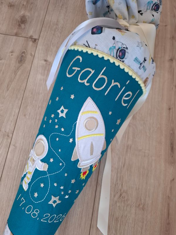Schultüte aus Stoff "Weltraum & Rakete" – Türkis/Gelb – 70cm