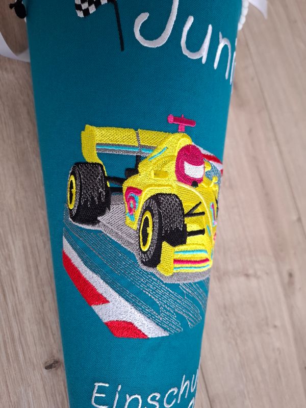 Schultüte aus Stoff "Formel 1" – Petrol/Zielflagge – 70cm