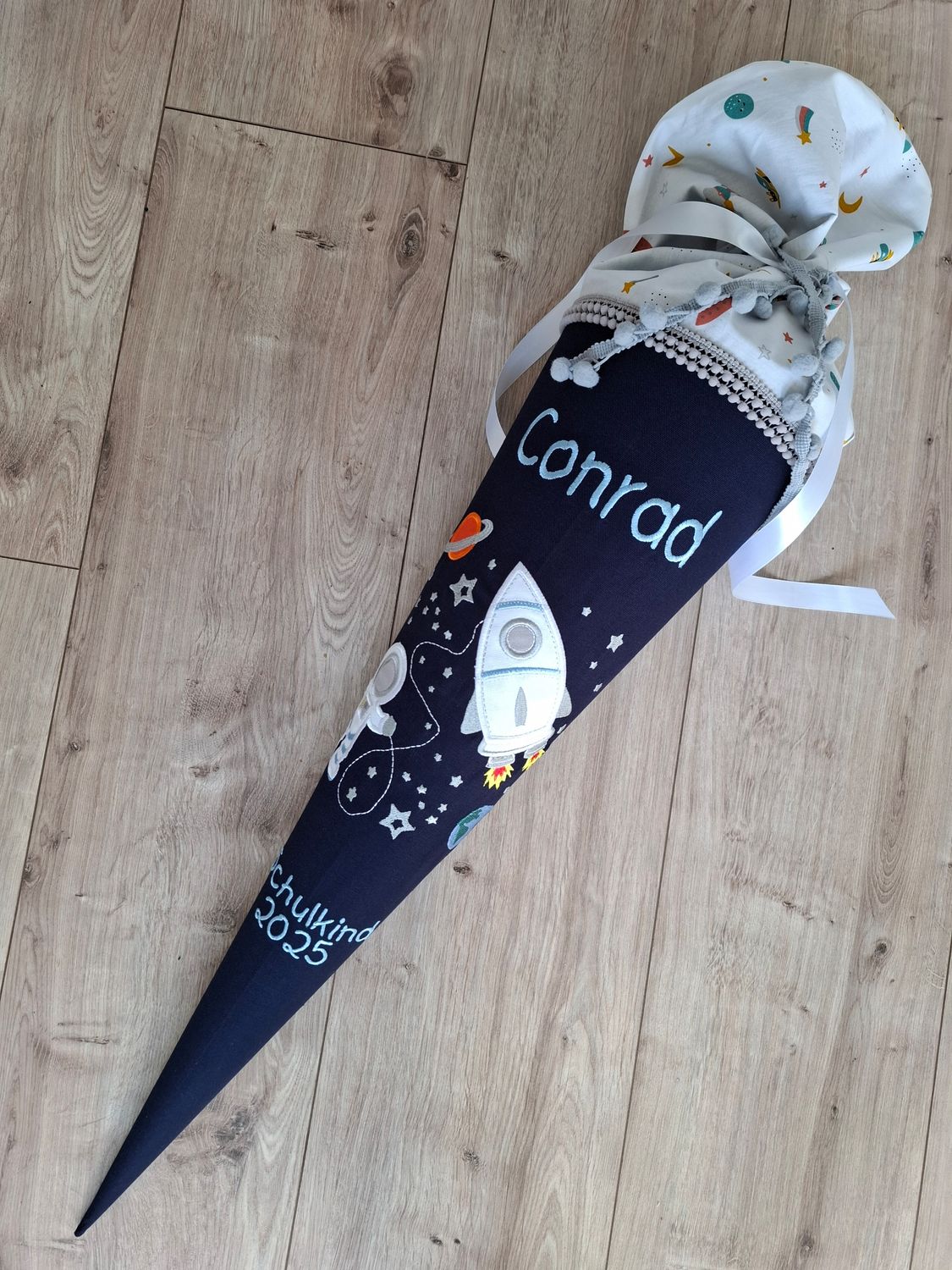 Schultüte aus Stoff "Weltraum & Rakete" – Navy/Hellblau – 70cm