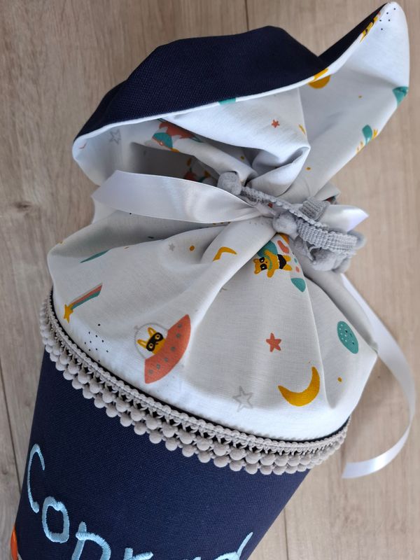 Schultüte aus Stoff "Weltraum & Rakete" – Navy/Hellblau – 70cm